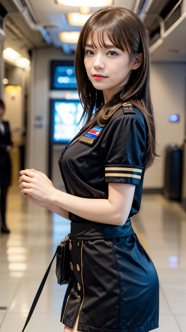 Please put on your battle uniform, Let me wear strict pants, Please cross your legs and lean on the desk., She is a beautiful officer, Please put on your battle uniform, Please keep your clothing colors consistent, Please dye your hair brown,