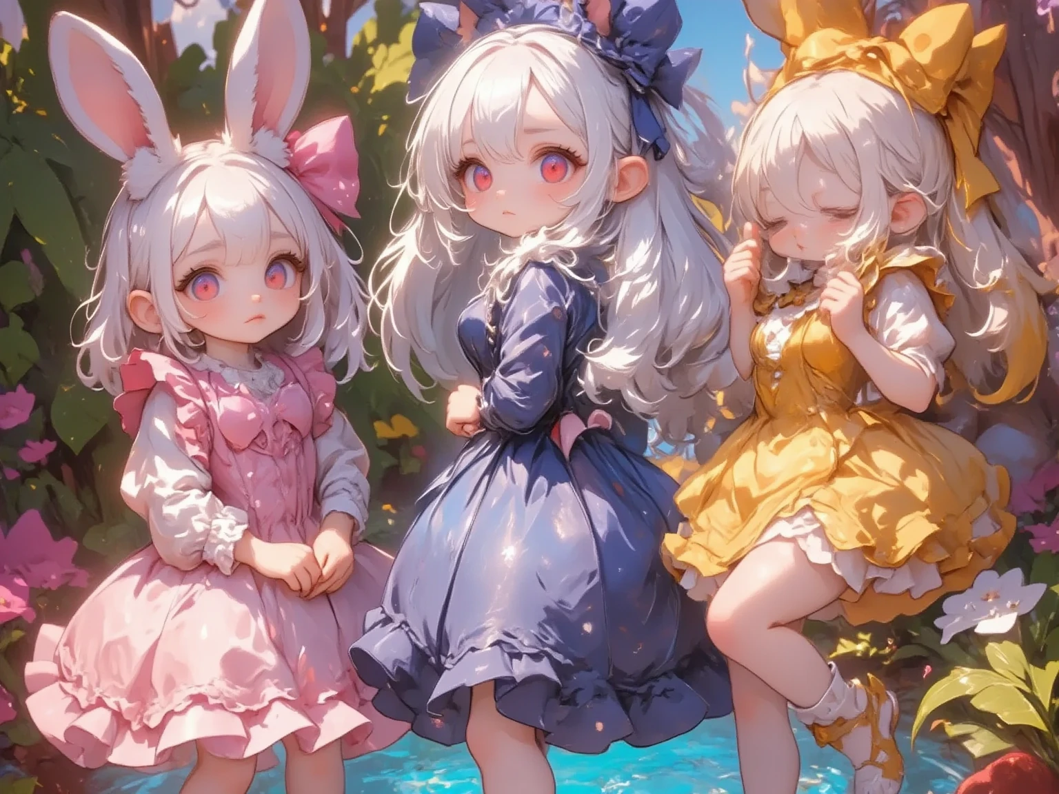  3 girls,(Chibi, cute, small, pink hair, very long hair ,bangs, Fluffy White Rabbit,Bunny ears, red eyes, big eyes, Beautiful Sparkling Eyes , white skin, big hair bow , pink ruffle dress ,Chest, full body image ),(Chibi, cute, small, blue hair, very long hair ,bangs, Fluffy White Rabbit,Bunny ears, red eyes, big eyes, Beautiful Sparkling Eyes , white skin, big hair bow , Blue Frilled Dress ,Chest, full body image ),(Chibi, cute, small, yellow hair , very long hair ,bangs, Fluffy White Rabbit,Bunny ears, red eyes, big eyes, Beautiful Sparkling Eyes , white skin, big hair bow ,yellow ruffle dress ,Chest, full body image ), cute background,(Scenery of 3 people being good friends ,Smiling Face), picture book illustration style ,