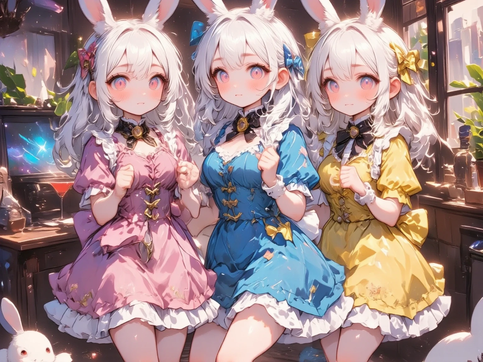  3 girls,(Chibi, cute, small, pink hair, very long hair ,bangs, Fluffy White Rabbit,Bunny ears, red eyes, big eyes, Beautiful Sparkling Eyes , white skin, big hair bow , pink ruffle dress ,Chest, full body image ),(Chibi, cute, small, blue hair, very long hair ,bangs, Fluffy White Rabbit,Bunny ears, red eyes, big eyes, Beautiful Sparkling Eyes , white skin, big hair bow , Blue Frilled Dress ,Chest, full body image ),(Chibi, cute, small, yellow hair , very long hair ,bangs, Fluffy White Rabbit,Bunny ears, red eyes, big eyes, Beautiful Sparkling Eyes , white skin, big hair bow ,yellow ruffle dress ,Chest, full body image ), cute background,(Scenery of 3 people being good friends ,Smiling Face), picture book illustration style ,