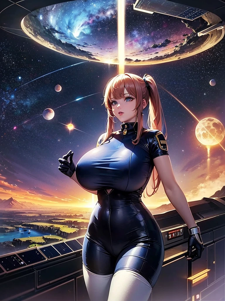  very beautiful woman,bangs,pigtail, big breasts,Stylish spacesuit , pilot suit,(space-clony,Landscape:1.5),Inside a huge cylinder,(Space Colony solar panels can be seen on the ceiling:1.2), wide shot,Earth and moon shining in the background