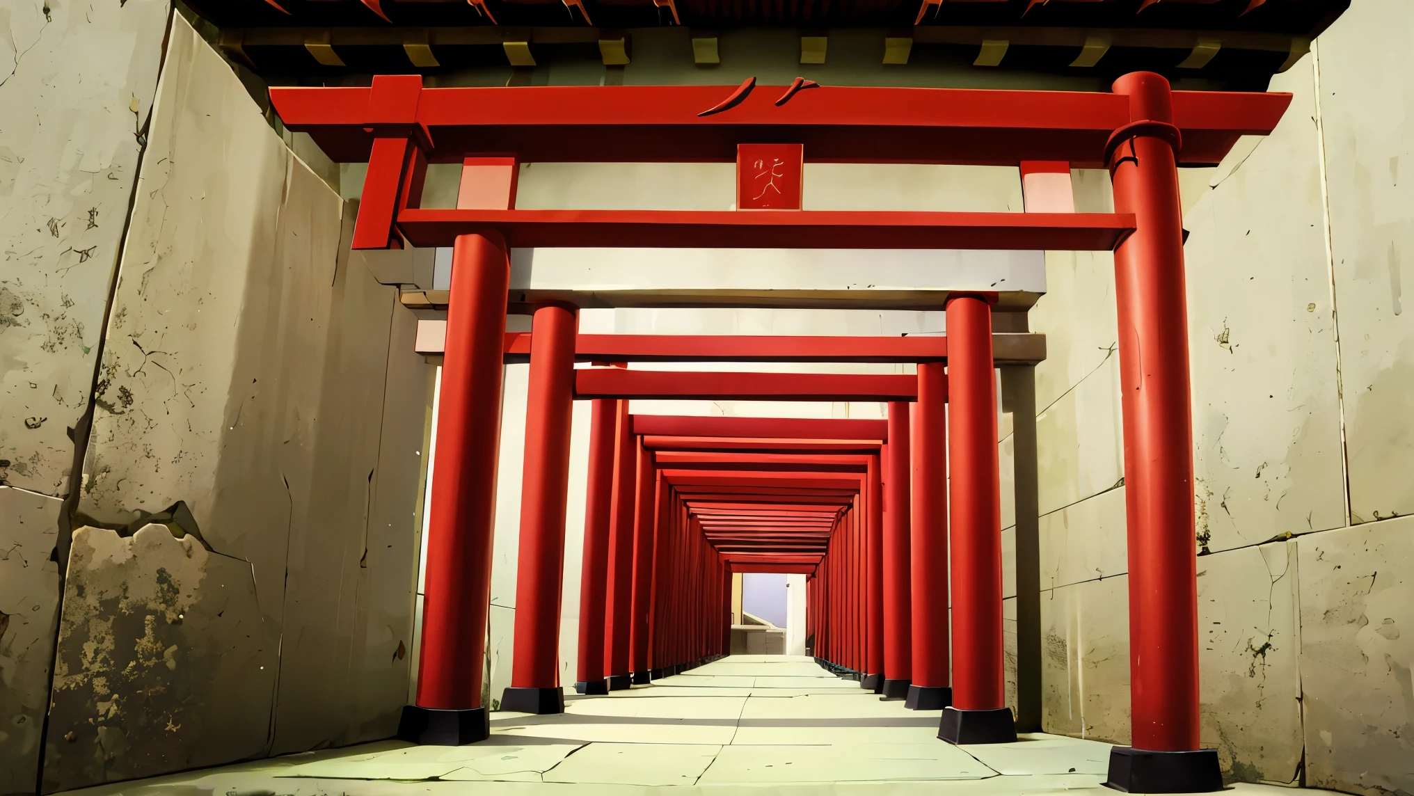 torii tunnel anime background, with a long ladder, cracking walls