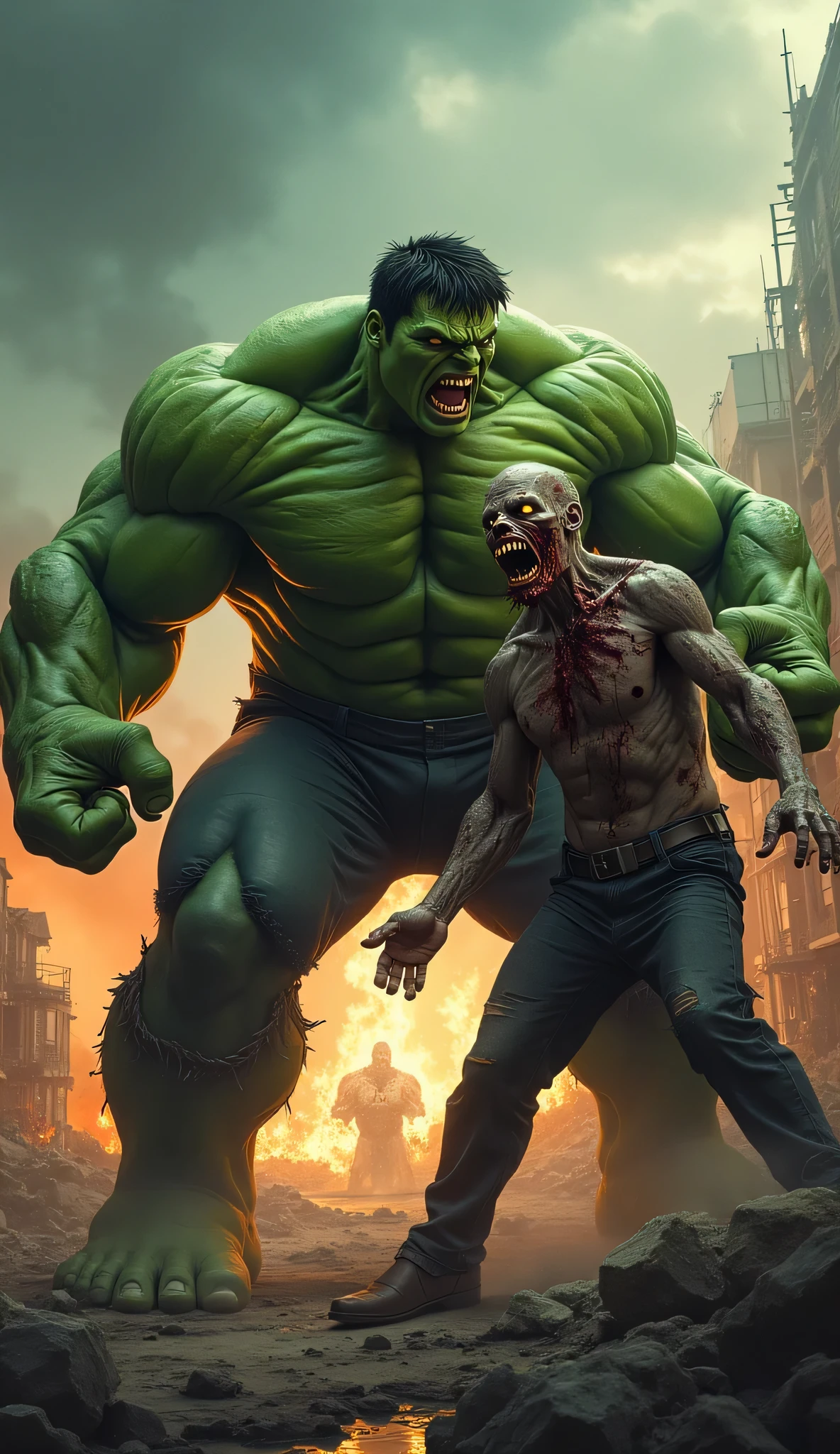 Hulk   through punch on zombie head 