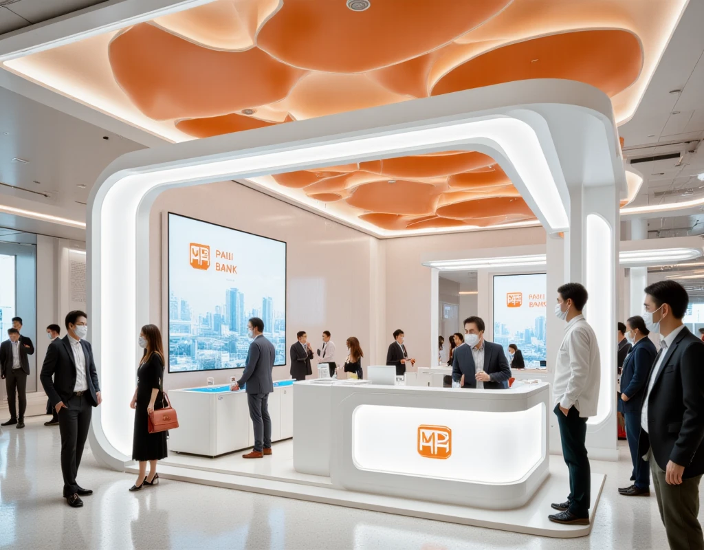 (high resolution:1.2),(best quality:1.2), Create a modern digital banking center interior with a sleek, futuristic design, using soft ambient lighting with tones white and orange. Includes branded area for 'MSB Bank' with cash teller, with digital Touch screen and immersive user interface, with standing screen to select transactions, number of people to interact with with a screen, some people wearing masks stood and used the equipment and others in professional attire observed.