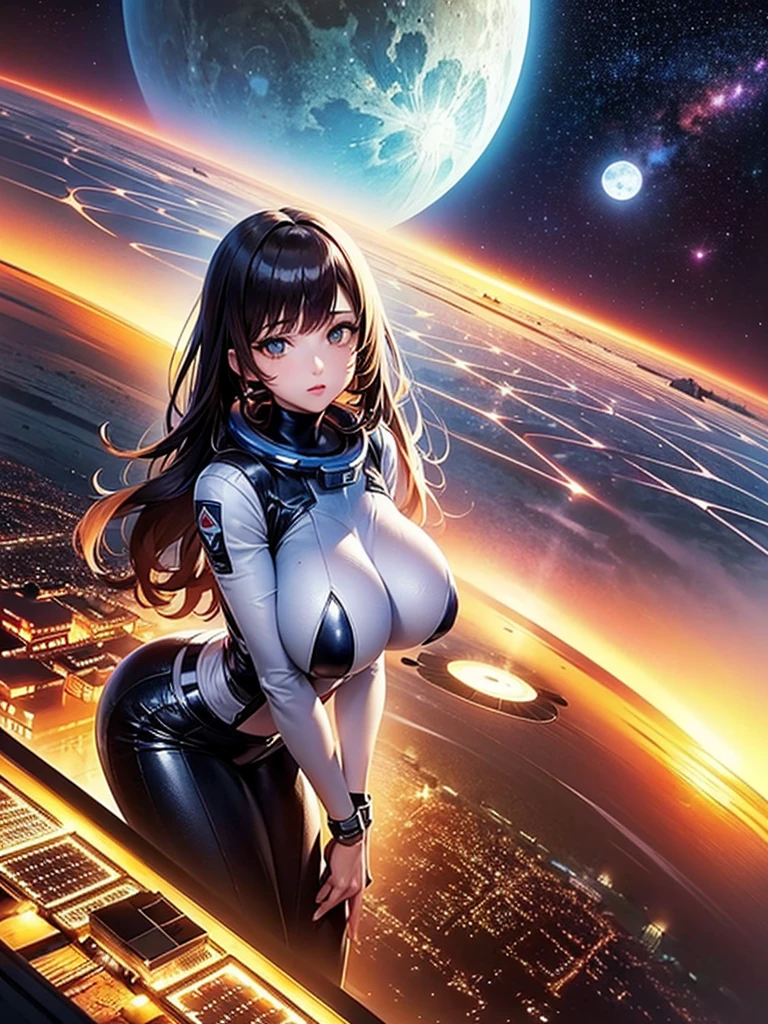  very beautiful adult woman ,bangs,pigtail, big breasts,Stylish spacesuit , pilot suit,(space-clony,Landscape:1.5),Inside a huge cylinder,(Space Colony solar panels can be seen on the ceiling:1.2), wide shot,Earth and moon shining in the background