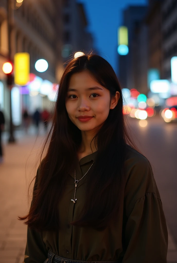 Amai Liu, (sharp focus:1.2), photo, attractive young KariSweets, (handsome face:1.1), detailed eyes, lush lips, (cat eye makeup:0.85), (smile:1.2), wearing (dress:1.2) in one (night street:1.2). (moody lighting: 1.2), depth of field, bokeh, 4K, HDR. by (James C. Christensen:1.2| Jeremy Lipking:1.1).