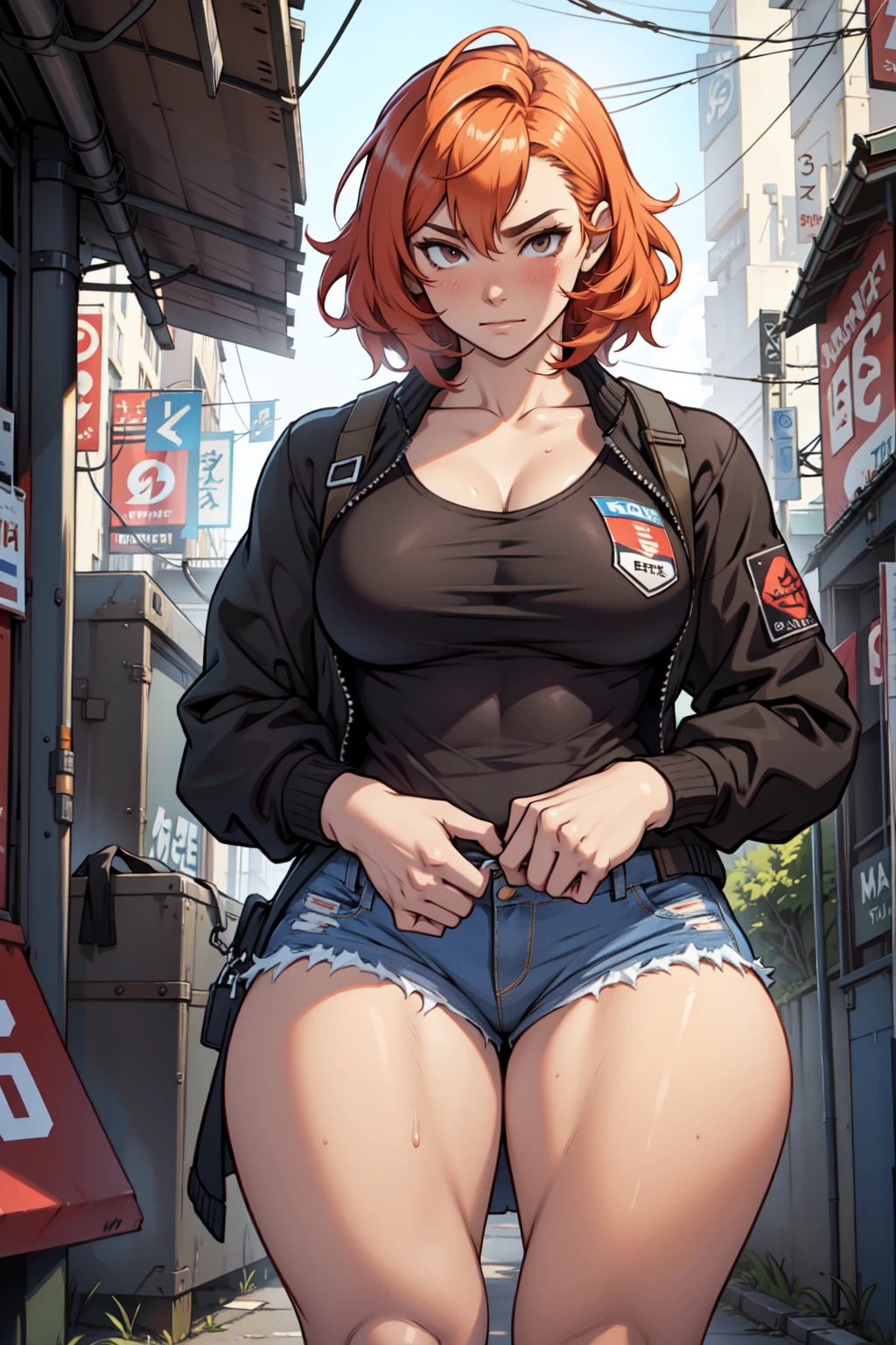 anime, intricate details, amazing quality, complex background, amazing shadows, sharp shadows, big breasts, short hair, messy hair, (red hair), red eyes, [muscle woman], wide buttocks, thick thighs, (crop top, crop top drape, black jeans, t-shirt,) collar, (cover, solo, cleavage, looking at the audience, (outdoors, night, city, neon,), (nsfw:1.5)