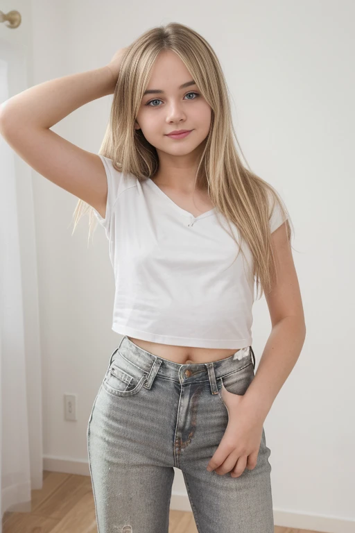 swedish teen, body , really blond hair, small breasts, small breasts, girl, really young, fair skin, really blond hair, , photorealistic, girl, small breasts, small , running body, cute face, green eyes, , small breasts , very small breasts, natural skin color, girl's height 145cm, small butt, no breasts, athletic breasts, straight chest, really short teenager, no nudity, normal photo with clothes, photo taken, in own room, room has white walls and ceiling, gray vinyl floor , white top, white top on, white ripped jeans on, white tight jeans