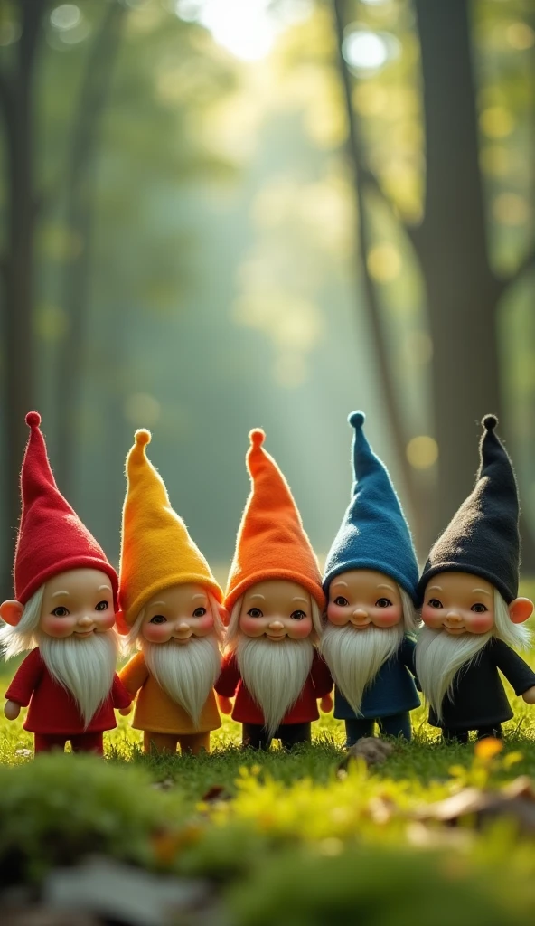 6 s 、Dressed like a dwarf、Wearing a triangular hat。 the first is a red hat 、 the second is an orange hat 、 the third is a yellow hat 、 the fourth is a blue hat 、 the fifth is a black hat 、The sixth one has a white hat 。