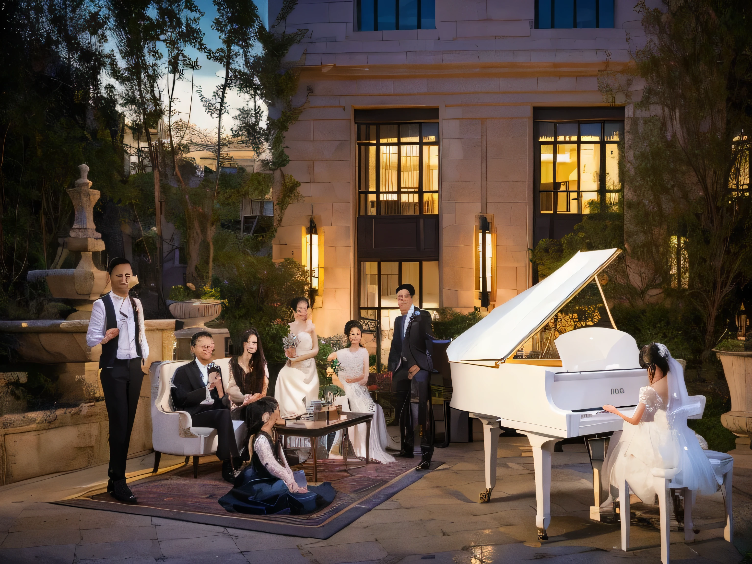 In Shanghai, China ，A group of Chinese， has a very exquisite face，HD 8K，bride and groom playing piano with wedding in front of building, 亚瑟·潘的一幅肖像,  CG888 Award-winning Entries,  conceptual art , 三角钢琴, Luxurious environment, luxurious wedding, 背景里有钢琴,  Exquisite Composition,  Ambient shot  ,  Award-Winning Entries ,   å¼ · å¤ ?” Element  , wedding,  fascinating environment , 极佳的构图, In the evening, Cool, Portraits, pianist