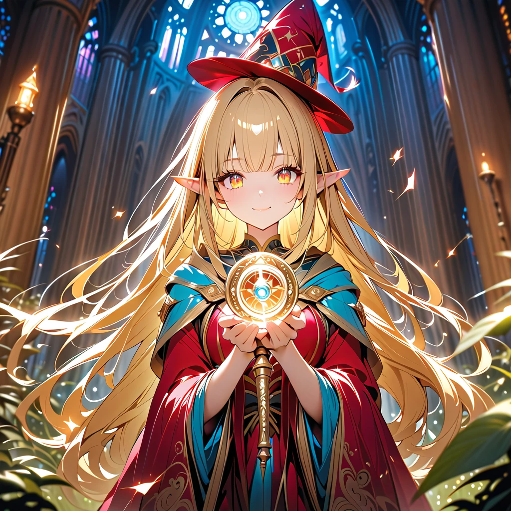  One Girl , (Beautiful Elf, Dark fantasy),  The Great Wizard, wearing  elegant  magic robe,  detailed beautiful face, ( Beautiful, Precisely Drawn Eyes), smile, ( long straight hair ,  Shiny blonde  , bangs),  magic hat,  holding a magic wand , break,  elegant , nice,  gentle face , break, ( shot,  focus on face ),  deep depth of field , Wonderful,  charming, enchanting,  cinematic lighting,  cinematic composition,  anime style,  bright color, Fine Lines, dreamlike, absurdres,  high definition, masterpiece,  top quality, up to date,  very aesthetic,  super high quality ,   High Details,  anatomically correct, perfect hand,