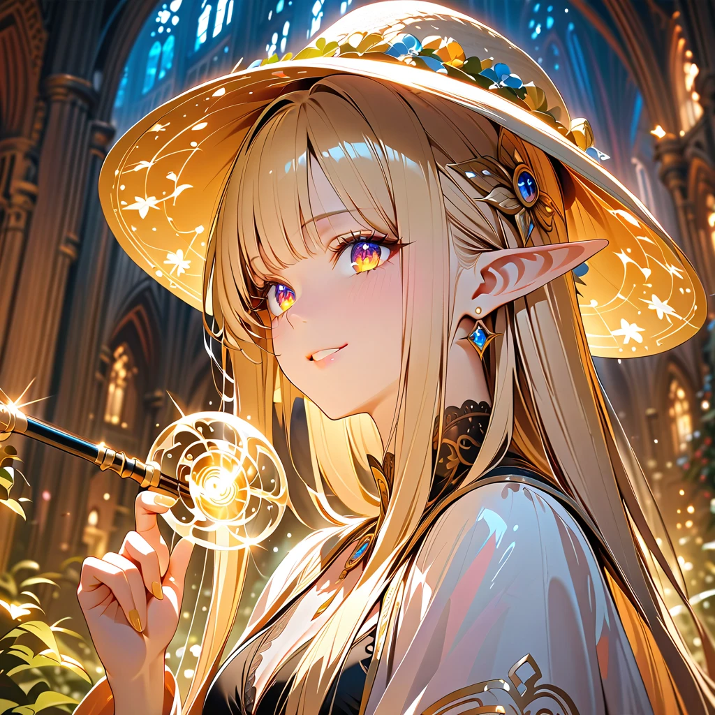  One Girl , (Beautiful Elf, Dark fantasy),  The Great Wizard, wearing  elegant  magic robe,  detailed beautiful face, ( Beautiful, Precisely Drawn Eyes), smile, ( long straight hair ,  Shiny blonde  , bangs),  magic hat,  holding a magic wand , break,  elegant , nice,  gentle face , break, ( shot,  focus on face ),  deep depth of field , Wonderful,  charming, enchanting,  cinematic lighting,  cinematic composition,  anime style,  bright color, Fine Lines, dreamlike, absurdres,  high definition, masterpiece,  top quality, up to date,  very aesthetic,  super high quality ,   High Details,  anatomically correct, perfect hand,