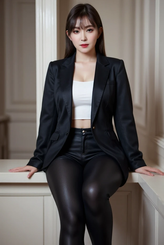 A woman, sitting facing forward, whole body,  cross legs , use a black blazer,  tight white shirt, tight black leather pants,  black red lips , smiling beautiful  