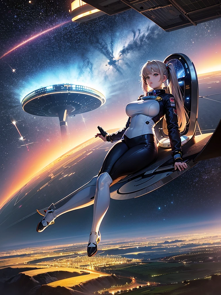  very beautiful adult woman ,bangs,pigtail, big breasts,Stylish spacesuit , pilot suit,(space-clony,Landscape:1.5),Inside a huge cylinder,(Space Colony solar panels can be seen on the ceiling:1.2), wide shot,A beautiful Earth in the sky