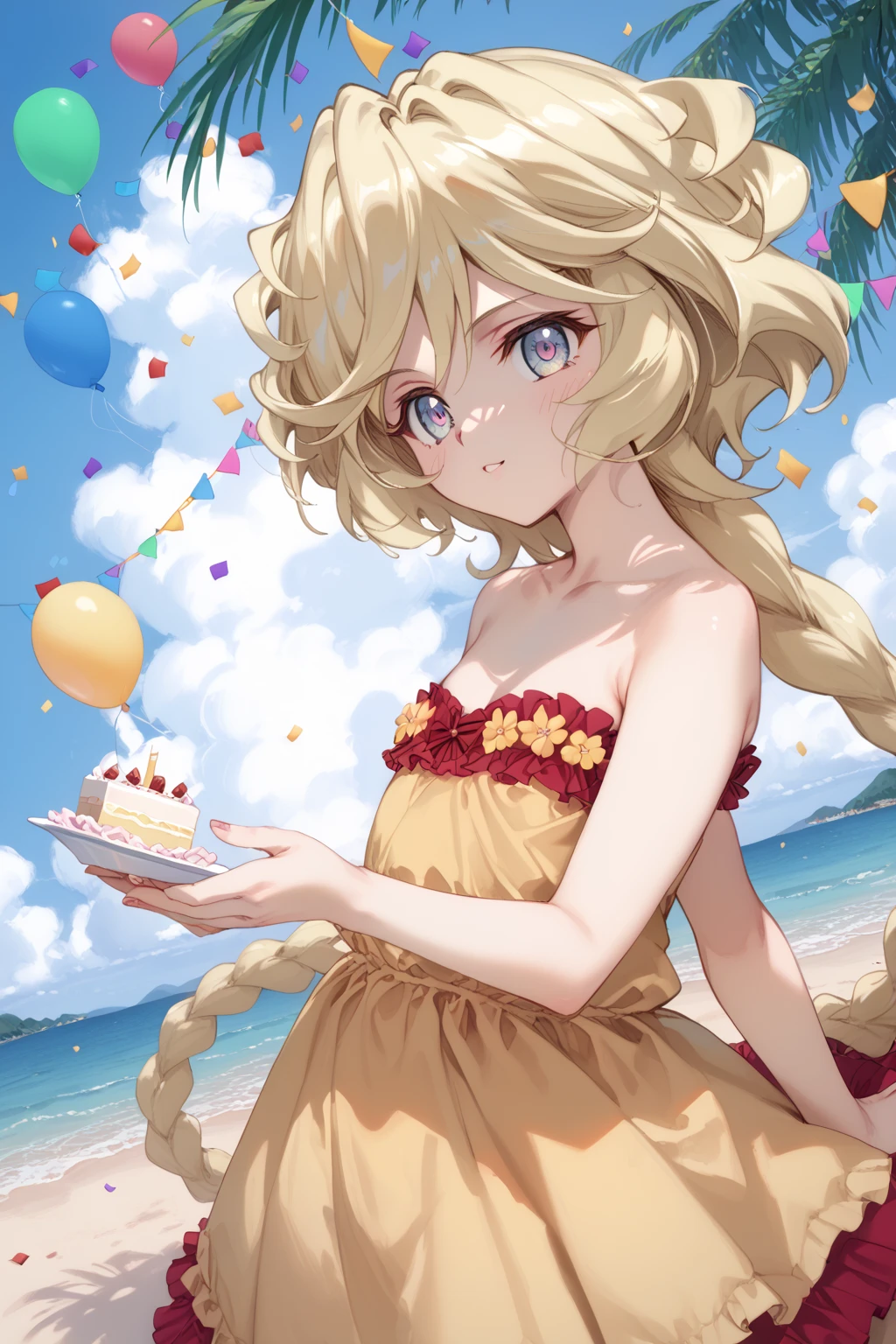 (Carol Malus Dienheim,symphogear),(one blonde long braids),(,very very cute girl),The only character is a girl,),Pale skin,naked,Masterpiece,(Five fingers,Perfect fingers,beautiful fingers,Perfect hands,perfect eyes,beautiful eyes,),birthday party,gorgeous golden fit and flare dress,