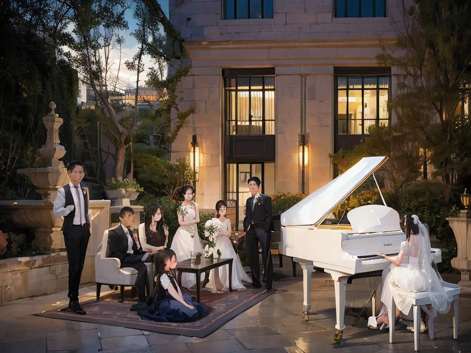 In Shanghai, China ，A group of Chinese， has a very exquisite face，HD 8K，bride and groom playing piano with wedding in front of building, 亚瑟·潘的一幅肖像,  CG888 Award-winning Entries,  conceptual art , 三角钢琴, Luxurious environment, luxurious wedding, 背景里有钢琴,  Exquisite Composition,   Ambient shot   ,  Award-Winning Entries ,    å¼ · å¤  ?” Element  , wedding,  fascinating environment , 极佳的构图, In the evening, Cool, Portraits, pianist