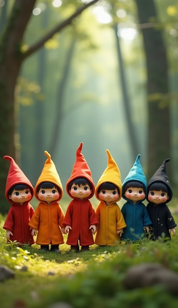 6 s 、Dressed like a dwarf、Wearing a triangular hat。 the first is a red hat 、 the second is an orange hat 、 the third is a yellow hat 、 the fourth is a blue hat 、 the fifth is a black hat 、The sixth one has a white hat 。