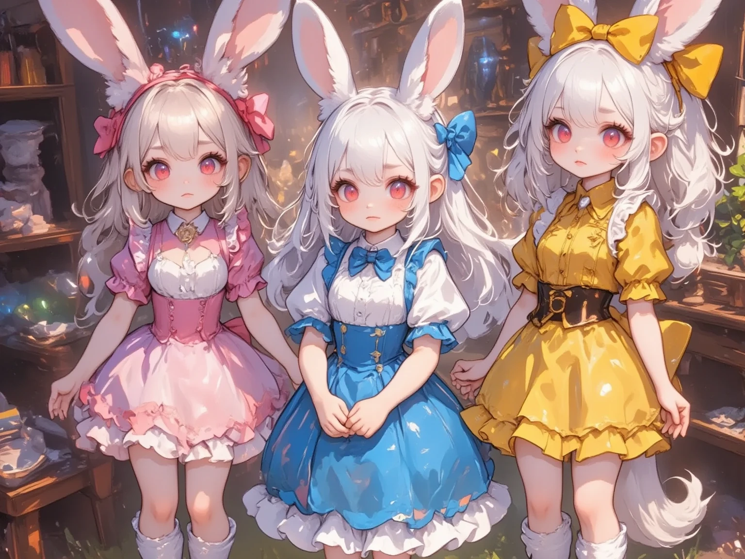  3 girls,(Chibi, cute, small, pink hair, very long hair ,bangs, Fluffy White Rabbit,Bunny ears, red eyes, big eyes, Beautiful Sparkling Eyes , white skin, big hair bow , pink ruffle dress ,Chest, full body image ),(Chibi, cute, small, blue hair, very long hair ,bangs, Fluffy White Rabbit,Bunny ears, red eyes, big eyes, Beautiful Sparkling Eyes , white skin, big hair bow , Blue Frilled Dress ,Chest, full body image ),(Chibi, cute, small, yellow hair , very long hair ,bangs, Fluffy White Rabbit,Bunny ears, red eyes, big eyes, Beautiful Sparkling Eyes , white skin, big hair bow ,yellow ruffle dress ,Chest, full body image ), cute background,(Scenery of 3 people being good friends ,Smiling Face), picture book illustration style ,