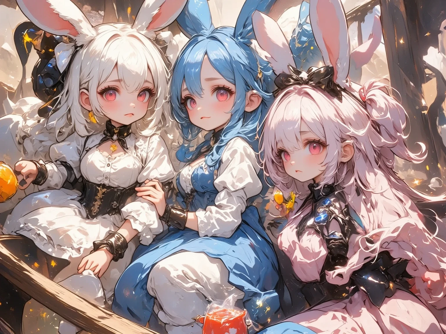 3 girls,(Chibi, cute, small, pink hair, very long hair ,bangs - SeaArt AI
