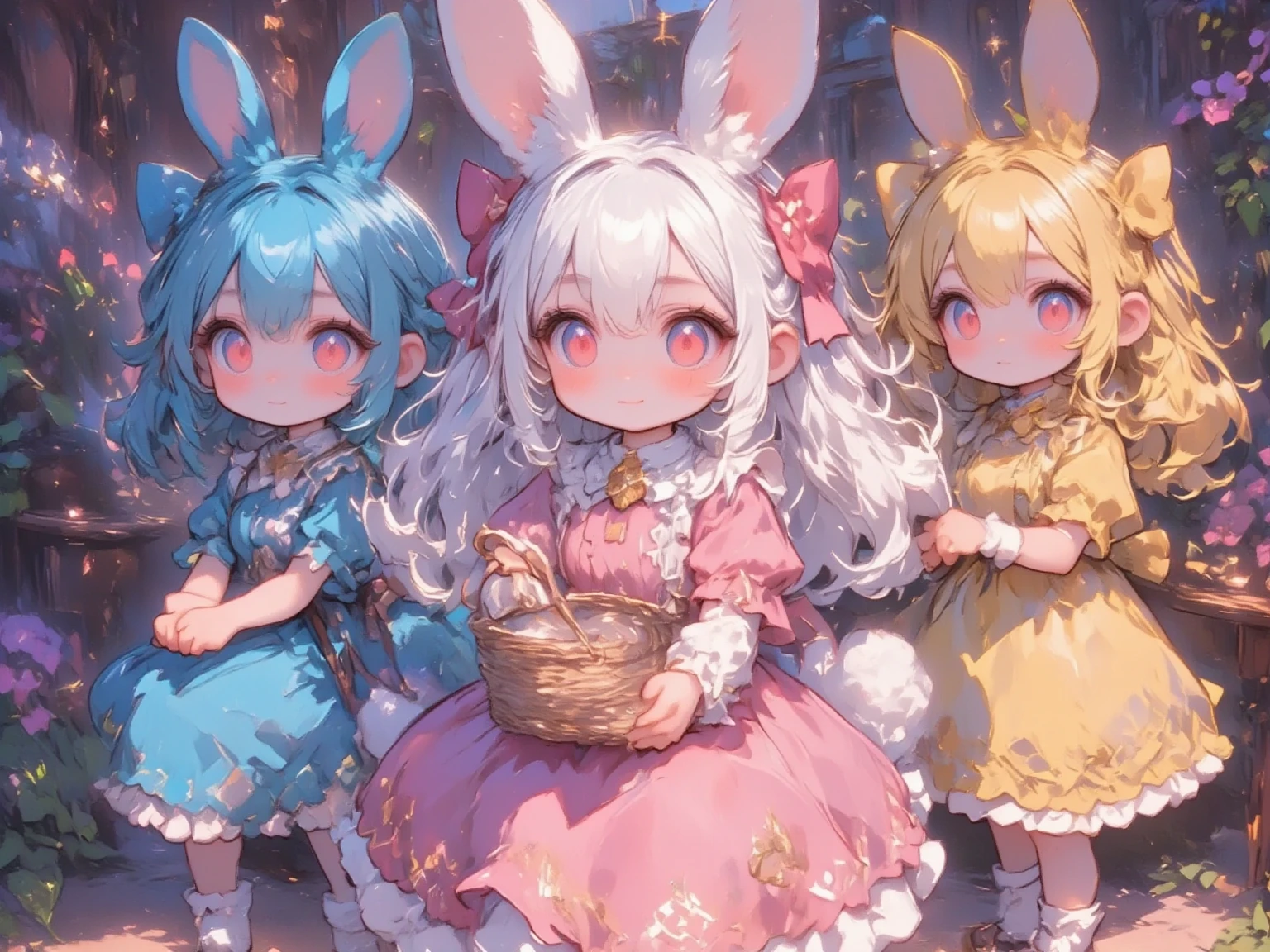  3 girls,(Chibi, cute, small, pink hair, very long hair ,bangs, Fluffy White Rabbit,Bunny ears, red eyes, big eyes, Beautiful Sparkling Eyes , white skin, big hair bow , pink ruffle dress ,Chest, full body image ),(Chibi, cute, small, blue hair, very long hair ,bangs, Fluffy White Rabbit,Bunny ears, red eyes, big eyes, Beautiful Sparkling Eyes , white skin, big hair bow , Blue Frilled Dress ,Chest, full body image ),(Chibi, cute, small, yellow hair , very long hair ,bangs, Fluffy White Rabbit,Bunny ears, red eyes, big eyes, Beautiful Sparkling Eyes , white skin, big hair bow ,yellow ruffle dress ,Chest, full body image ), cute background,(Scenery of 3 people being good friends ,Smiling Face), picture book illustration style ,