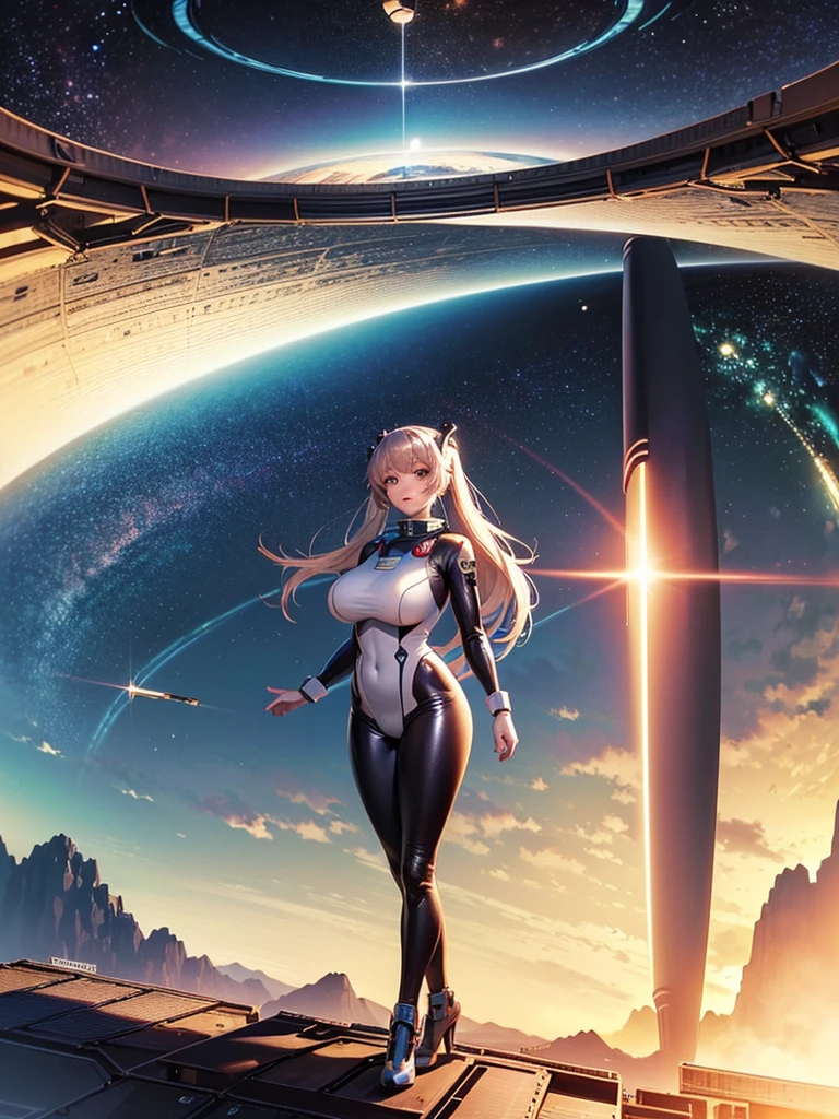  very beautiful adult woman ,bangs,pigtail, big breasts,Stylish spacesuit , pilot suit,(space-clony,Landscape:1.5),Inside a huge cylinder,(Space Colony solar panels can be seen on the ceiling:1.2), wide shot,A beautiful Earth in the sky