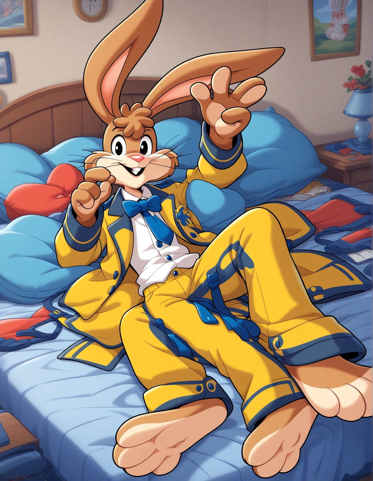 masterpiece, best quality, 8k, quicky,4 fingers,brown fur, yellow tuxedo pants, yellow tuxedo oufit, sitting down on the bed in the bedroom, 25 year old adult, puffy hair, 6 feet tall, cute version of quicky, cute rabbit hair, furry, rabbit, male, female eyeshadows, slim,solo,looking_at_viewer,