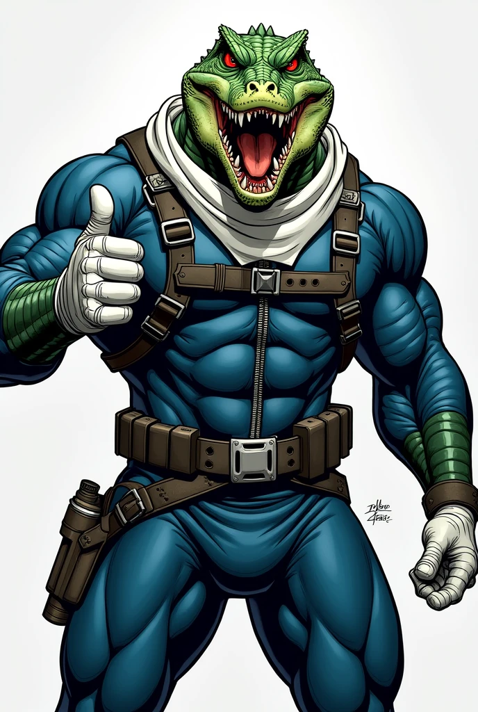 (A rugged beefy extremely muscular bulky snarling  crocodile man), (wearing blue fullbody zipper wetsuit), thumbs up pose, wearing bulky harness, wearing bulky scuba gear, wearing white hero scarf, muscular physique, toned muscles, fierce, heroic, action, comic artstyle, bulky best quality, wearing white combat gloves. wearing gun holster on left thighs, dynamic action pose, fierce expression, showcasing an imposing stature, powerful, best quality image, action-packed atmosphere, masterpiece.