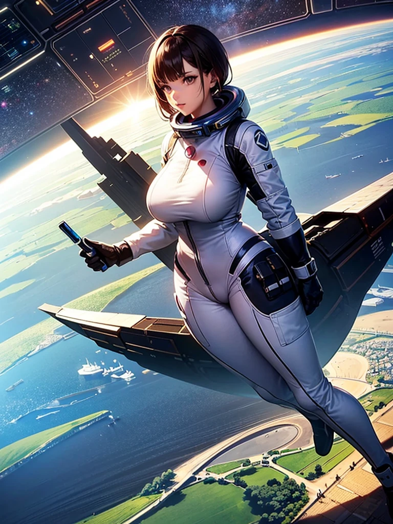  very beautiful adult woman ,bangs,pigtail, big breasts,Stylish spacesuit , pilot suit,(space-clony,Landscape:1.5),Huge cylindrical interior ,( huge solar panels on the ceiling:1.2), wide shot,A beautiful Earth in the sky