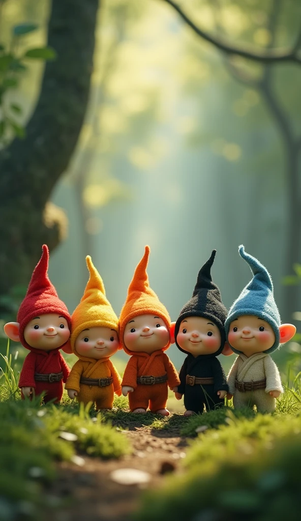 6 s 、Dressed like a dwarf、Wearing a triangular hat。 the first is a red hat 、 the second is an orange hat 、 the third is a yellow hat 、 the fourth is a blue hat 、 the fifth is a black hat 、The sixth one has a white hat 。