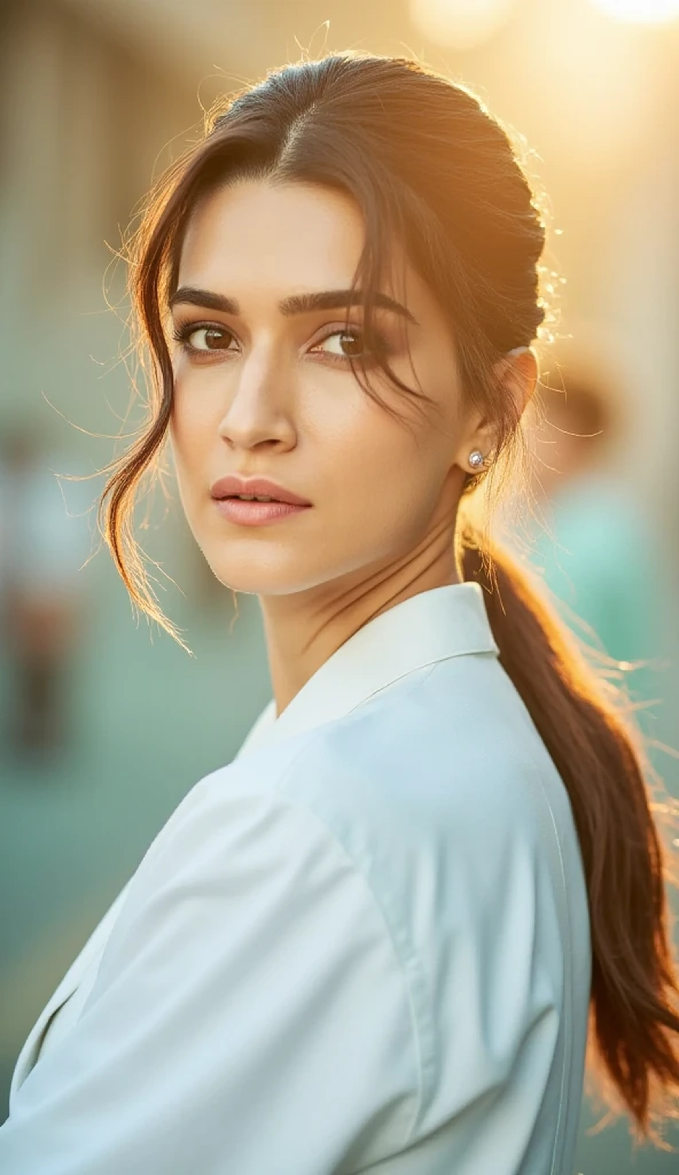 Gorgeous kriti sanon as a doctor in white uniform, she is standing outside a hospital, bokeh effect blur background, gorgeous face and hairs, (best quality, ultra high resolution, sharp focus, 8k, golden hour)