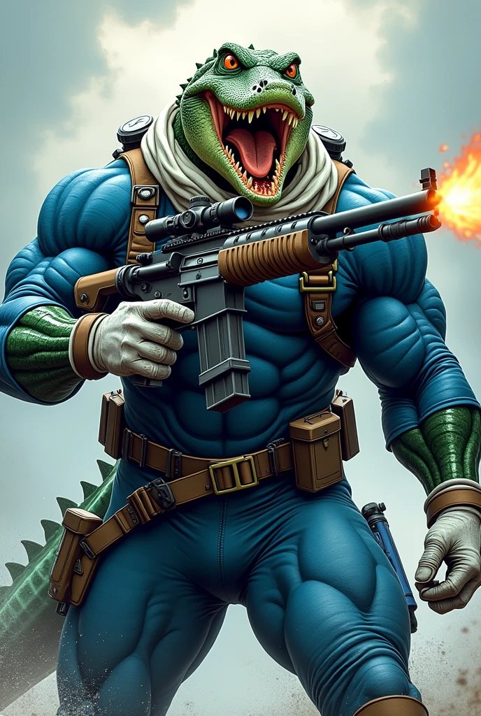 (A rugged beefy extremely muscular bulky roaring crocodile man), (wearing blue fullbody zipper wetsuit), shooting with rifle, wearing bulky harness, wearing bulky scuba gear, wearing white hero scarf, muscular physique, toned muscles, fierce, heroic, action, comic artstyle, bulky best quality, wearing white combat gloves. wearing gun holster on left thighs, dynamic action pose, fierce expression, showcasing an imposing stature, powerful, best quality image, action-packed atmosphere, masterpiece.