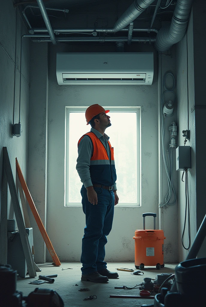 The field engineer was observing the work of installing an air conditioner staring up alone indoors