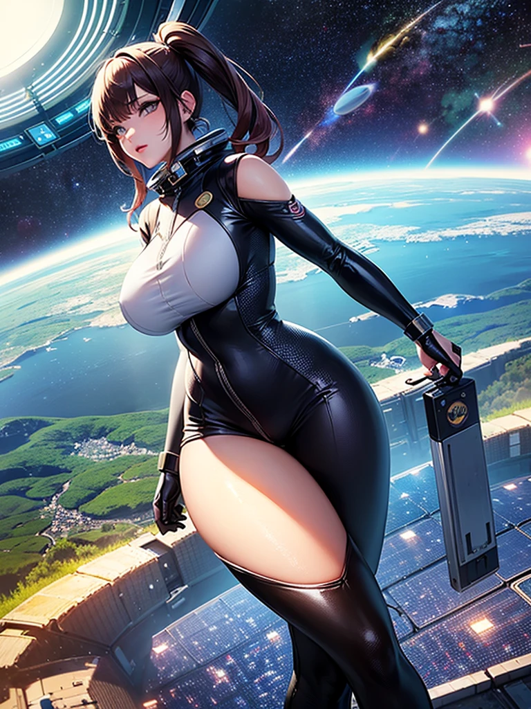  very beautiful adult woman ,bangs,pigtail, big breasts,Stylish spacesuit , pilot suit,(space-clony,Landscape:1.5),Huge cylindrical interior ,( huge solar panels on the ceiling:1.2), wide shot,A beautiful Earth in the sky