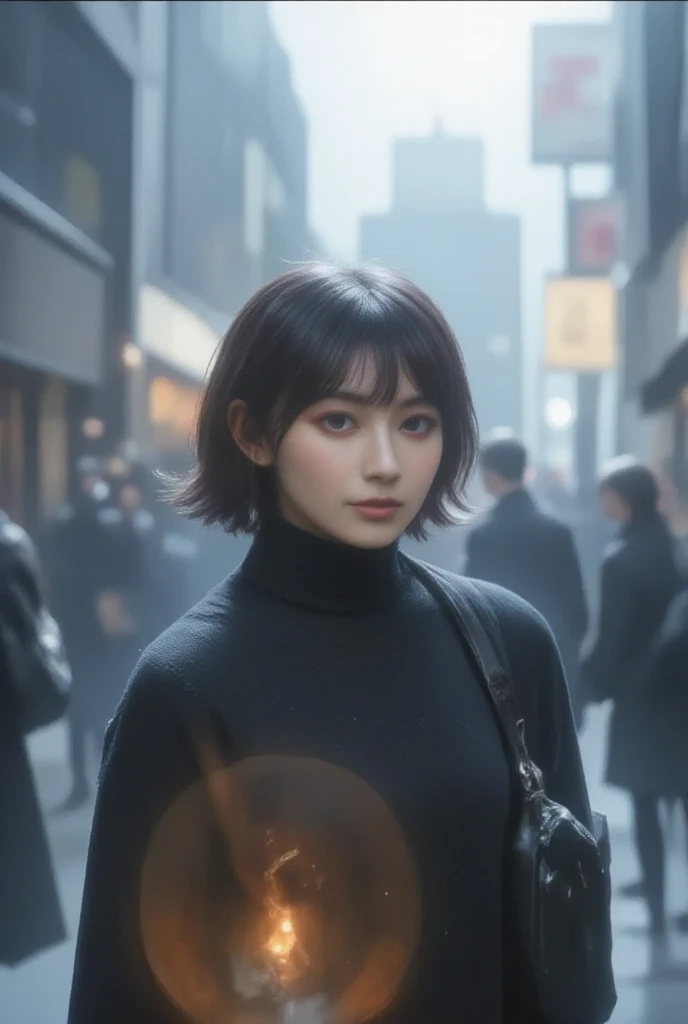 (8k、RAW Photos、highest quality、masterpiece:1.2)、(Realistic、Realistic)、1 Japanese girl、(((18 Years Old)))、(Short hair)、((Black Hair))、((Petite Woman))、(((Huge Breasts)))、skeletally correct、((small eyes)), DOF, depth of field, blurry background, blurry foreground, halation, lens flare, backlit, bokeh,peripheral dimming, obscured, tokyo street, saya, weather news