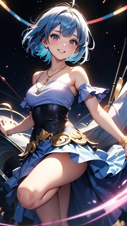 Anime Moe Art Style,highest quality,High resolution,Anatomically correct,One Girl,Mid-teens,A girl with light blue hair in a ponytail,Super detailed,Fantasy World,Sleeveless blouse,flare skirt,Big Breasts,A rich expression,Wearing makeup,Eyes drawn in detail,hair ornaments,necklace,bracelet,ring,8K