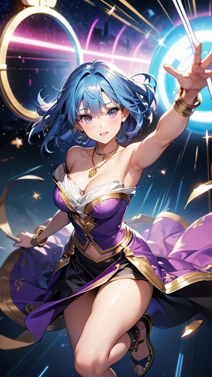 masterpiece, best quality, hyper-detailed, 8k resolution, RAW photo, tanktop , gorgeous face, perfect body, 18yo, Neck turtle, happy, posing for sky, back to camera, purple hair, smile, night, kissing face, stars on the sky, wearing opulent splendor