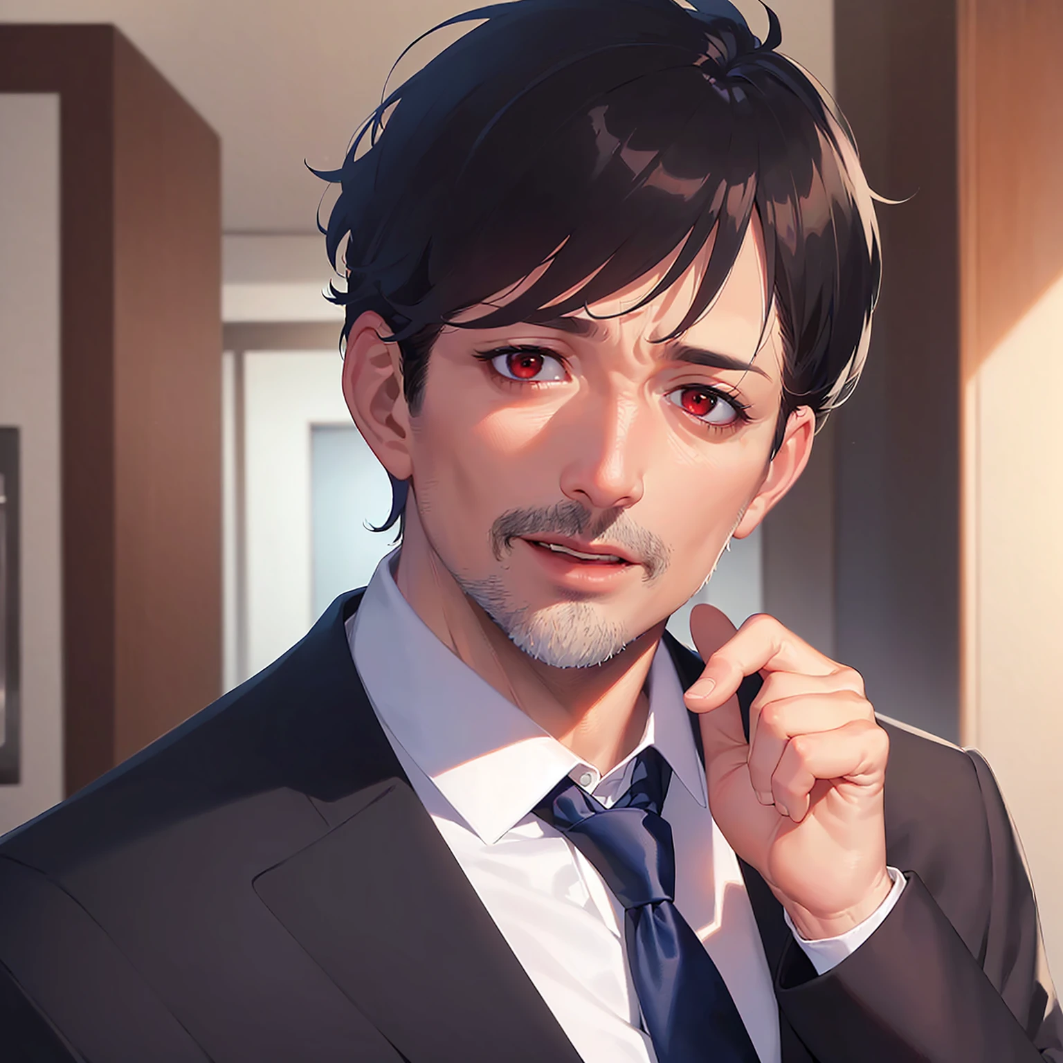 masterpiece, high quality, (50 year old man:1.5) and (short black hair) and (red eyes), (suit:1.5) and (blue tie), sirious, open mouth, alone, inside a office room, standing,
