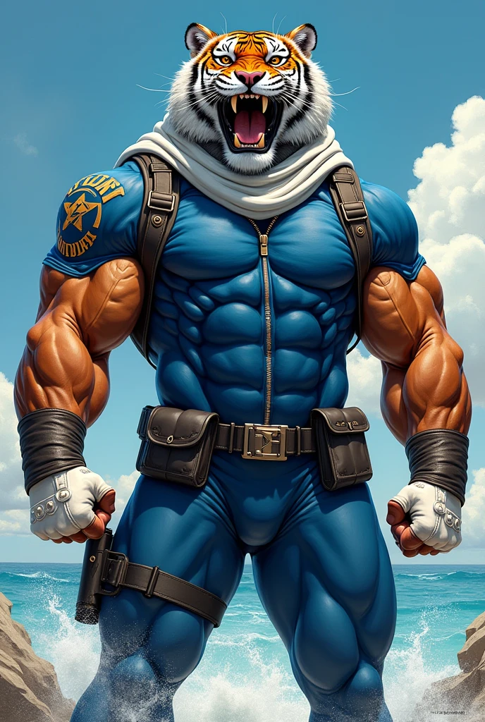 (A rugged beefy extremely muscular bulky roaring tiger man), (wearing blue fullbody zipper wetsuit), thumbs up pose, wearing bulky harness, wearing bulky scuba gear, wearing white hero scarf, muscular physique, toned muscles, fierce, heroic, action, comic artstyle, bulky best quality, wearing white combat gloves. wearing gun holster on left thighs, dynamic action pose, fierce expression, showcasing an imposing stature, powerful, best quality image, action-packed atmosphere, masterpiece.