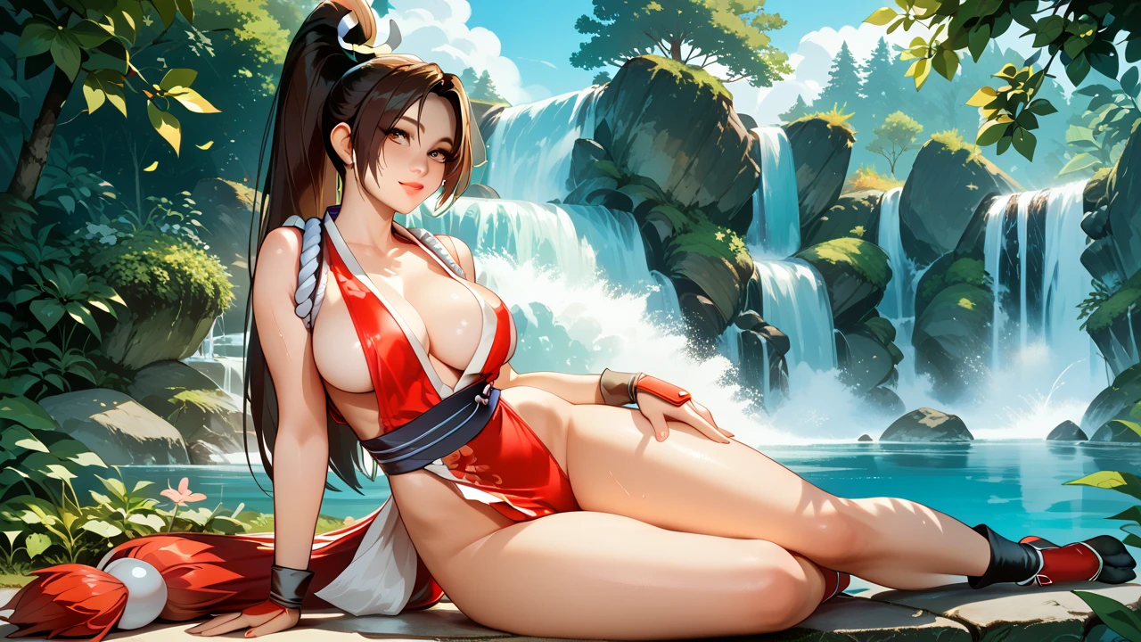   Sexy mai shiranui, UHD, In a waterfall, big breasts, sexy pose, sitting on the root of a tree, 