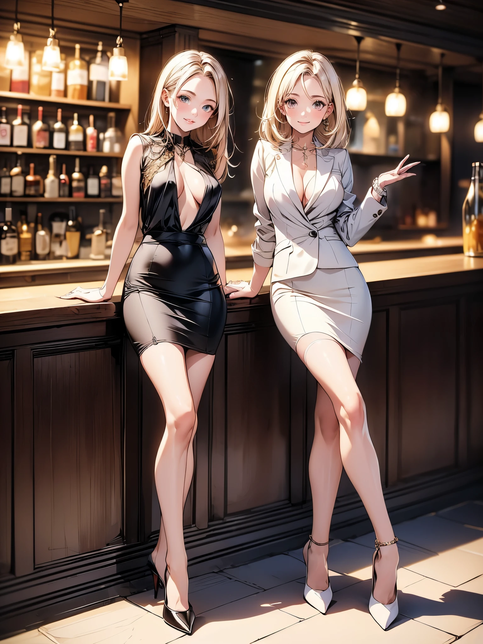 (masterpiece:1.5),high resolution,(best quality, highest quality),((Full Body Shot,Including face)),1girl,Standing position,4K,masterpiece,((Focus on the face)),((Pair of same-colored eyes)),(Elegant adult woman),slender,(((See-through shirt),Red long skirt,High heels,Floral stockings)),Detailed depiction of the face,bar counter,Realistic,,((Making a Cocktail)),walk,night