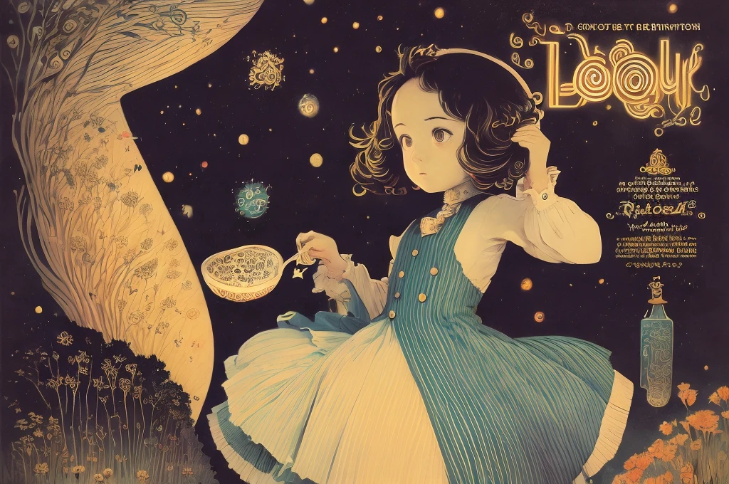 Space Colony, universe, cosmos, planet, star, space, spacewalk, 1 dolly girl, solo, little fat, brown eyes, forehead, black messy curly bob hair, drooping eyes, very cute, elegant pose, drunk, luxury, majesty, hold old-pottery cup, patterned one-piece dress, full body, outdoor, magazine cover, english text, Toulouse Lautrec: poster style,