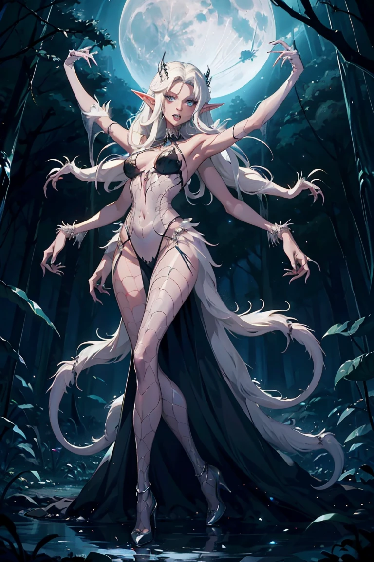 ExtraArms, Full body shot, show all of her. A pale elf resembling Paris Hilton is transforming into a man eating spider monster with huge fangs, monstrous mouth, huge claws, four arms, spider silk translucent clothes. she is in a moonlit forest filled with spiderwebs