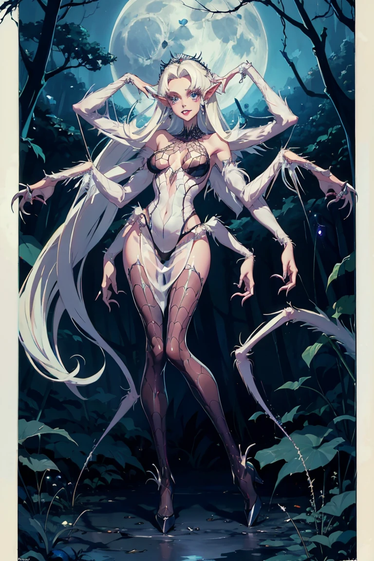 ExtraArms, Full body shot, show all of her. A pale elf resembling Paris Hilton is transforming into a man eating spider monster with huge fangs, monstrous mouth, huge claws, four arms, spider silk translucent clothes. she is in a moonlit forest filled with spiderwebs