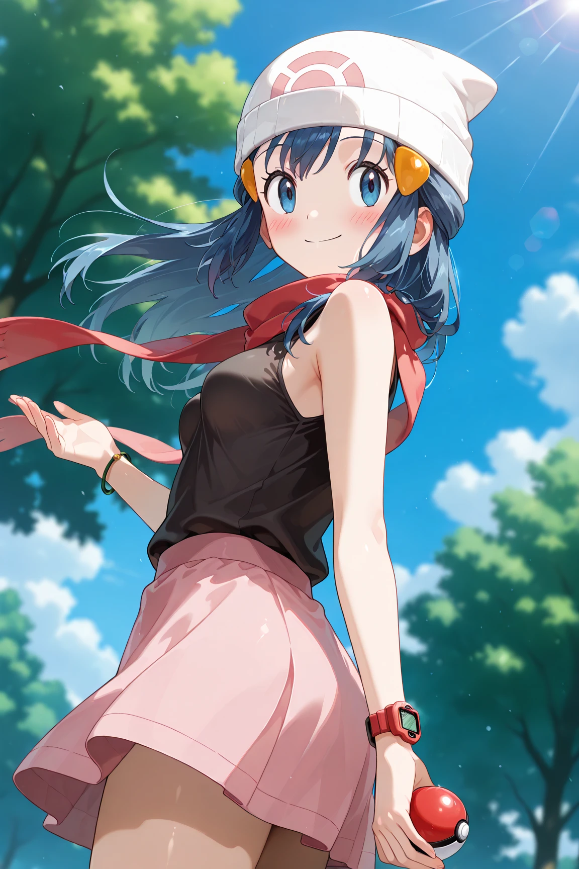 score_9, score_8_up, score_7_up, score_6_up, score_5_up, score_4_up, source_anime, aadawn, long hair, blue hair, beanie, white headwear, hair ornament, blue eyes, breasts, red scarf, sleeveless shirt, black shirt, wristwatch, bracelet, pink skirt, standing, outdoors, filed, flower, tree, holding poke ball, smile,

(realistic skin0.8),
Shiny, skin,

(blush:1.4), smile,
cinematic, dramatic, (blurry background:1.4), depth of field, 
1girl, solo, joyful, smile, dynamic pose, dynamic angle, from below, 
outdoors, nature,
portrait,
(focus on face:1.2),
closed-up shot,
sunny,
blue sky,
cloud,
sunlight,
wind,
looking back,