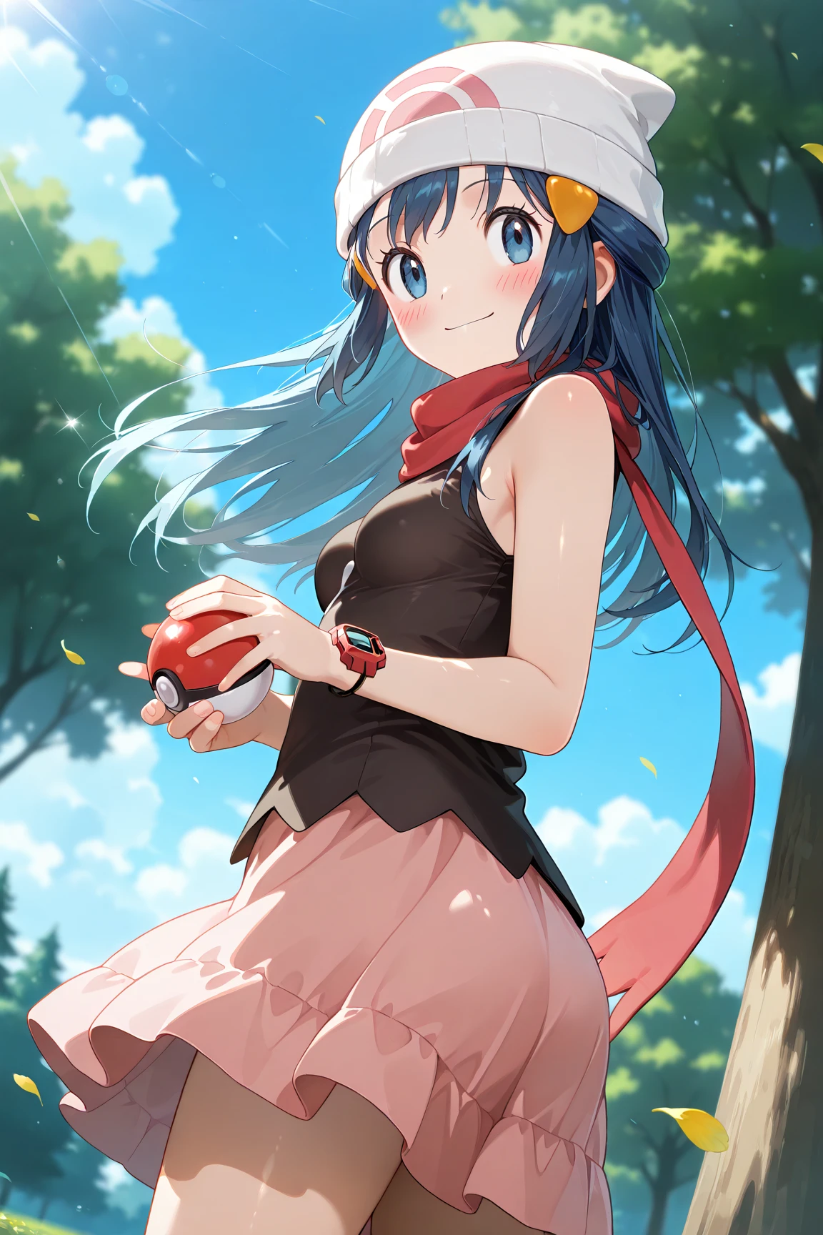 score_9, score_8_up, score_7_up, score_6_up, score_5_up, score_4_up, source_anime, aadawn, long hair, blue hair, beanie, white headwear, hair ornament, blue eyes, breasts, red scarf, sleeveless shirt, black shirt, wristwatch, bracelet, pink skirt, standing, outdoors, filed, flower, tree, holding poke ball, smile,

(realistic skin0.8),
Shiny, skin,

(blush:1.4), smile,
cinematic, dramatic, (blurry background:1.4), depth of field, 
1girl, solo, joyful, smile, dynamic pose, dynamic angle, from below, 
outdoors, nature,
portrait,
(focus on face:1.2),
closed-up shot,
sunny,
blue sky,
cloud,
sunlight,
wind,
looking back,