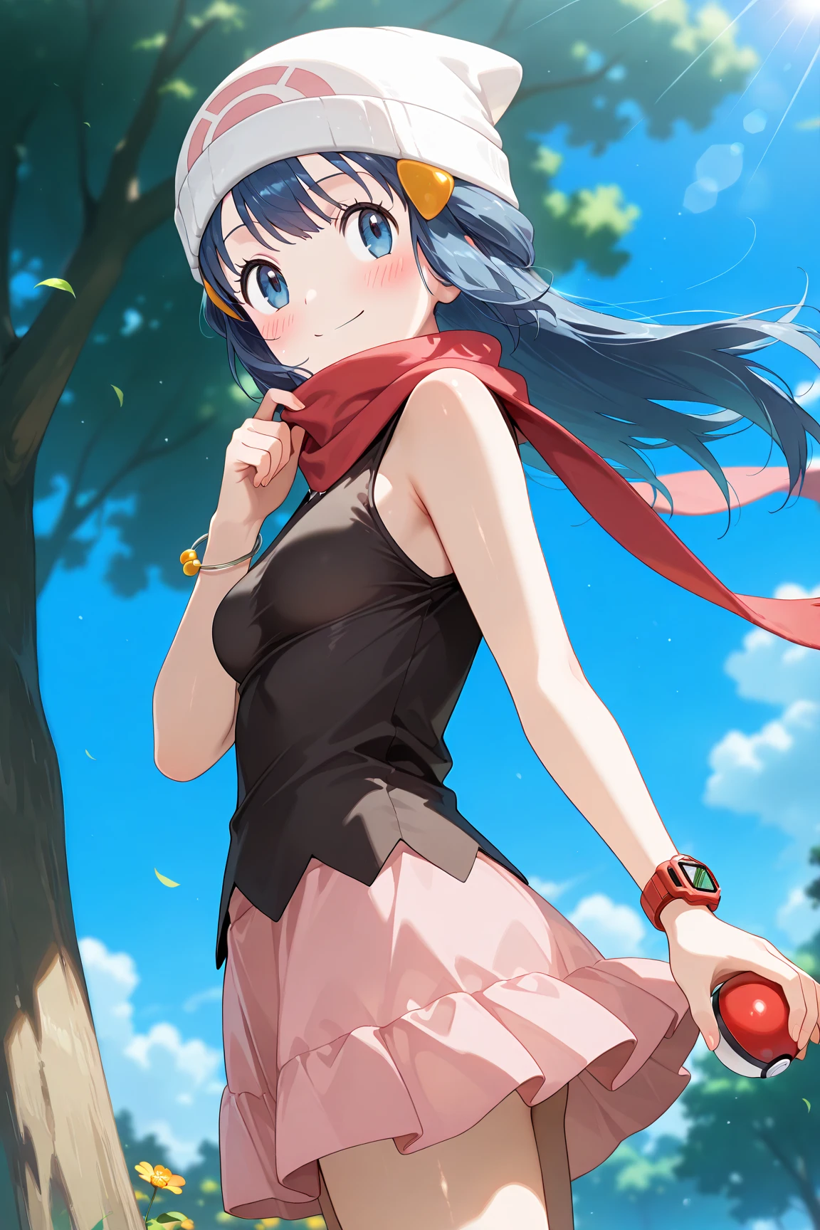 score_9, score_8_up, score_7_up, score_6_up, score_5_up, score_4_up, source_anime, aadawn, long hair, blue hair, beanie, white headwear, hair ornament, blue eyes, breasts, red scarf, sleeveless shirt, black shirt, wristwatch, bracelet, pink skirt, standing, outdoors, filed, flower, tree, holding poke ball, smile,

(realistic skin0.8),
Shiny, skin,

(blush:1.4), smile,
cinematic, dramatic, (blurry background:1.4), depth of field, 
1girl, solo, joyful, smile, dynamic pose, dynamic angle, from below, 
outdoors, nature,
portrait,
(focus on face:1.2),
closed-up shot,
sunny,
blue sky,
cloud,
sunlight,
wind,
looking back,