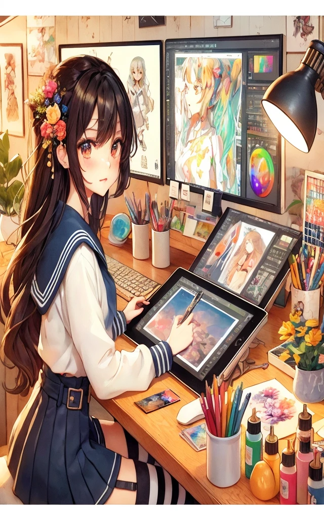 anime girl sitting at a desk with a computer and a painting, anime style 4 k, digital anime illustration, anime art wallpaper 4k, anime art wallpaper 4 k, digital anime art!!, [ 4 k digital art ]!!, anime girl desktop background, digital anime art, anime painter studio, anime art wallpaper 8 k, digital art on pixiv