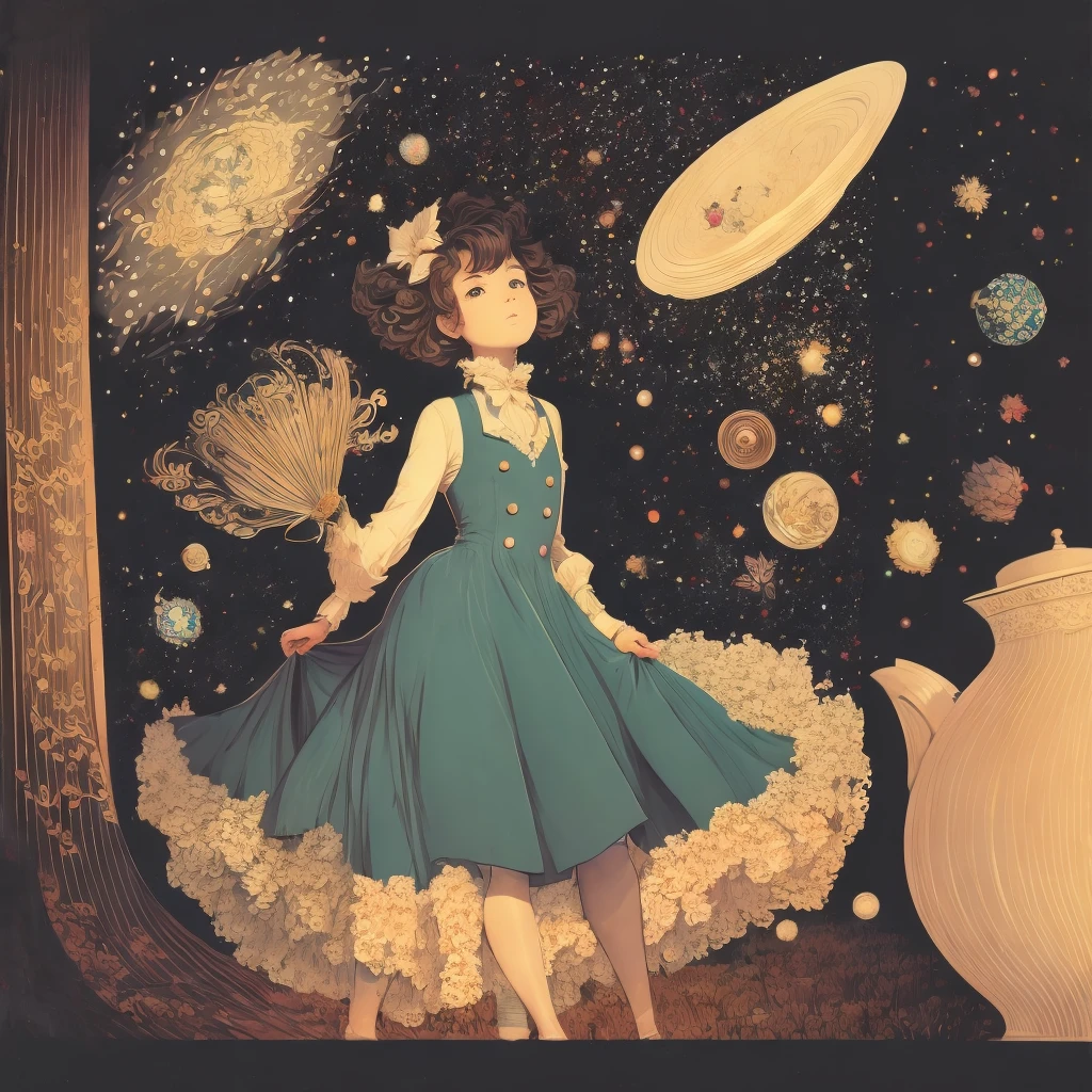 Space Colony, universe, cosmos, planet, star, space, spacewalk, 1 dolly girl, solo, little fat, brown eyes, forehead, black messy curly bob hair, drooping eyes, very cute, elegant pose, drunk, luxury, majesty, hold old-pottery cup, patterned one-piece dress, full body, outdoor, magazine cover, english text, Toulouse Lautrec: poster style,