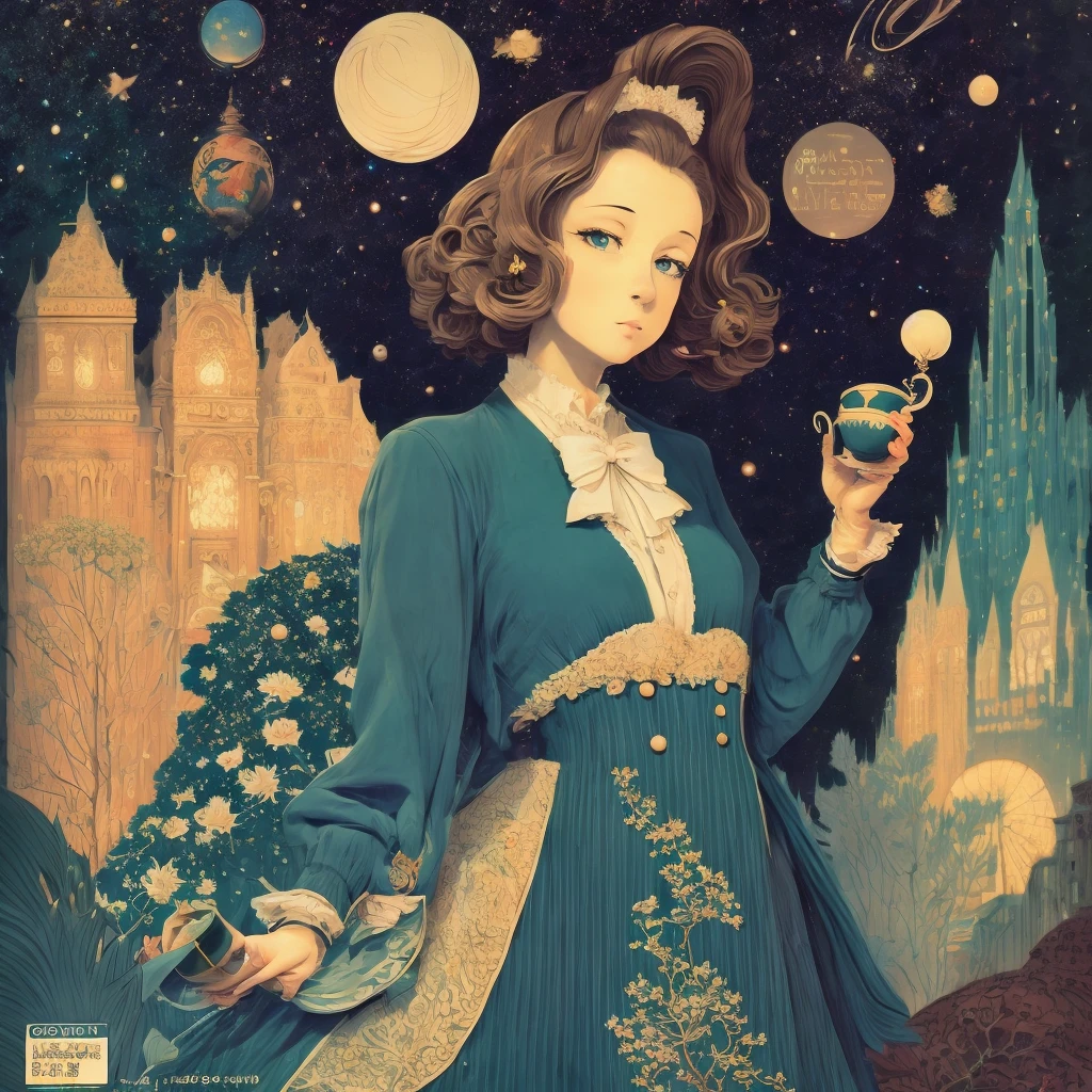 Space Colony, universe, cosmos, planet, star, space, spacewalk, 1 dolly girl, solo, little fat, brown eyes, forehead, black messy curly bob hair, drooping eyes, very cute, elegant pose, drunk, luxury, majesty, hold old-pottery cup, patterned one-piece dress, full body, outdoor, magazine cover, english text, Toulouse Lautrec: poster style,