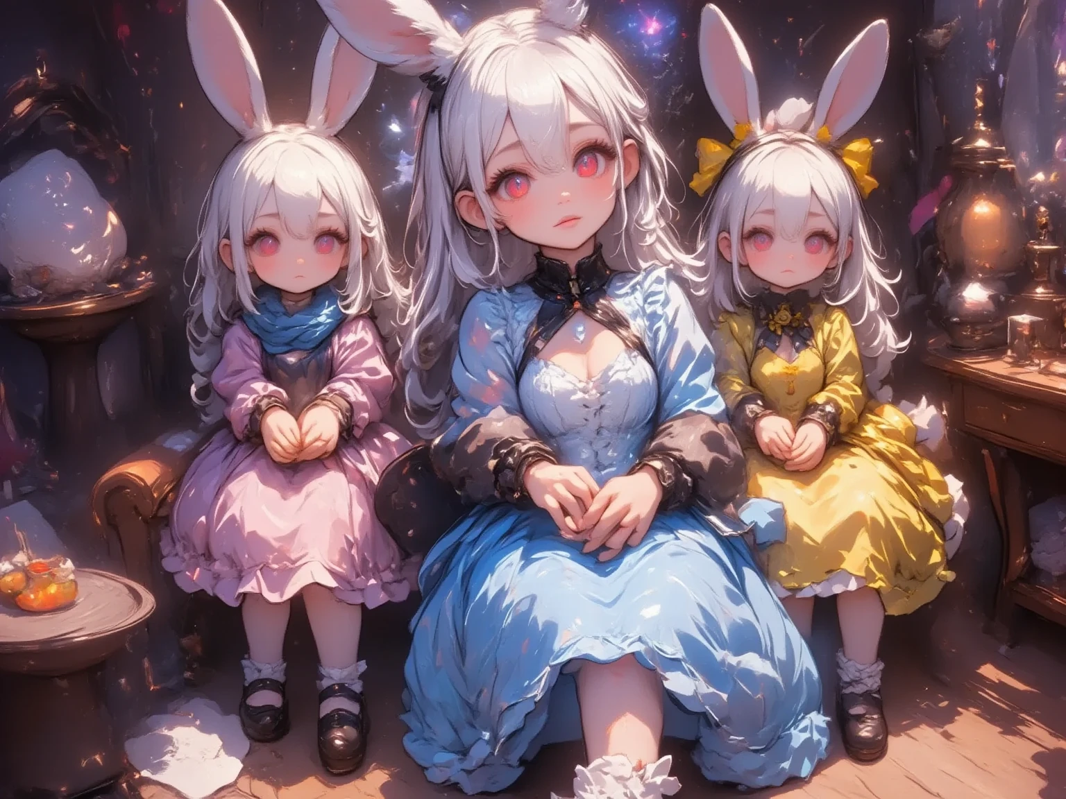  3 girls,(Chibi, cute, small, pink hair, very long hair ,bangs, Fluffy White Rabbit,Bunny ears, red eyes, big eyes, Beautiful Sparkling Eyes , white skin, big hair bow , pink ruffle dress ,Chest, full body image ),(Chibi, cute, small, blue hair, very long hair ,bangs, Fluffy White Rabbit,Bunny ears, red eyes, big eyes, Beautiful Sparkling Eyes , white skin, big hair bow , Blue Frilled Dress ,Chest, full body image ),(Chibi, cute, small, yellow hair , very long hair ,bangs, Fluffy White Rabbit,Bunny ears, red eyes, big eyes, Beautiful Sparkling Eyes , white skin, big hair bow ,yellow ruffle dress ,Chest, full body image ), cute background,(Scenery of 3 people being good friends ,Smiling Face), picture book illustration style ,