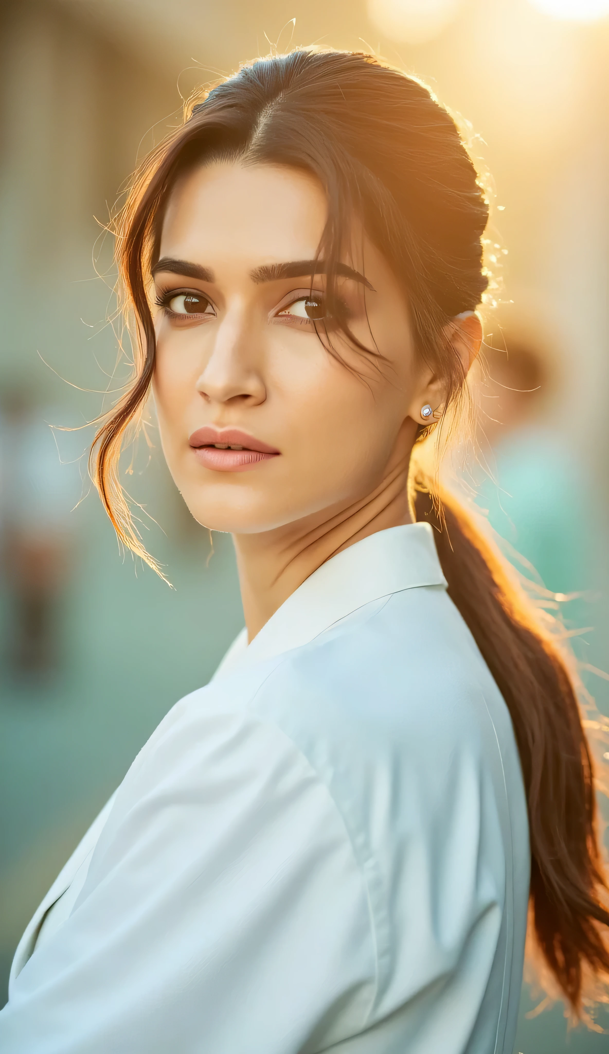 Gorgeous kriti sanon as a doctor in white uniform, she is standing outside a hospital, bokeh effect blur background, gorgeous face and hairs, (best quality, ultra high resolution, sharp focus, 8k, golden hour)
